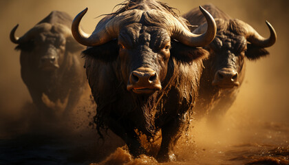 African buffalo, strong and dirty, roam the wild savannah generated by AI