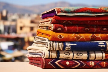 traditional moroccan rugs stacked at an outdoor market - obrazy, fototapety, plakaty