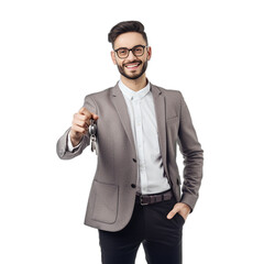 Portrait of a smiling man in a suit hands keys  isolated on a transparent background. Apartment sales, car sales manager. Agent in PNG for mortgage.