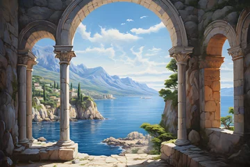 Fotobehang painting of a beautiful coastal landscape viewed through stone arches © sam