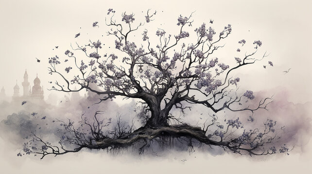 art autumn tree with a large crown without leaves on a white background watercolor monochrome drawing.