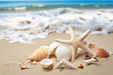seashells and starfish scattered on a sandy beach - obrazy, fototapety, plakaty