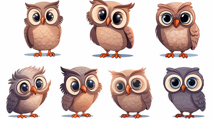 Fototapeta premium collection of cute cartoon owls on a white background set