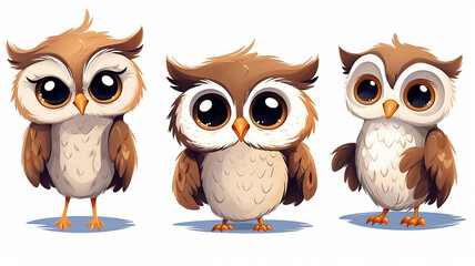Fototapeta premium collection of cute cartoon owls on a white background set