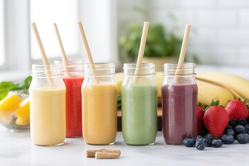 healthful smoothies in glass jars with reusable straws