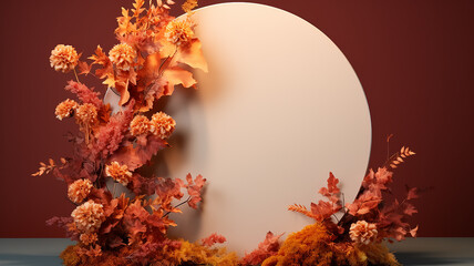 orange yellow autumn october round frame with flowers presentation studio background stagepodium abstract invitation