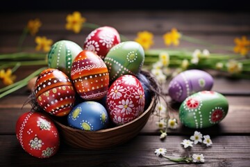 Fototapeta na wymiar decorated easter eggs on a rustic wooden table