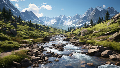 Fototapeta na wymiar Majestic mountain peak, tranquil meadow, flowing water, serene forest generated by AI