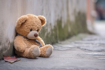 a teddy bear leaning against a wall