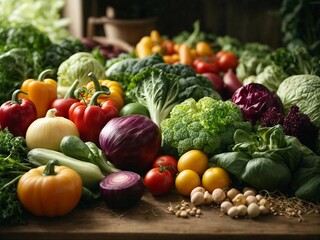 Fresh produce: array of colorful vegetables arranged on a wooden table. Generative AI.
