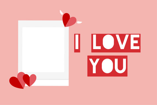 i love you pink background design with heart and transparent white polaroid to insert picture