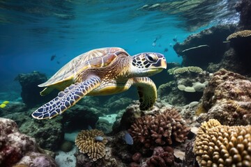 sea turtle swimming among coral reefs