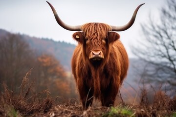 highland cow with long horns in the field