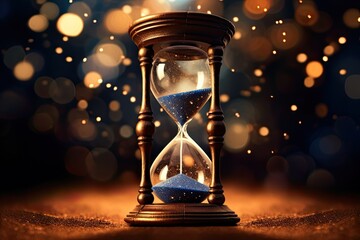 An hourglass with glittering sand running out as the old year ends, symbolizing the passage of time - obrazy, fototapety, plakaty