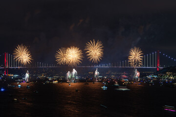 Republic of T&uuml;rkiye Fireworks Show Drone Photo, 15 July Martyrs Bridge Cengelkoy, Uskudar Istanbul, Turkiye (Turkey)