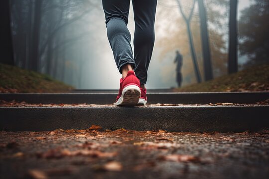 A person taking the first step toward a resolution, such as going for a run or starting a new project, showcasing determination