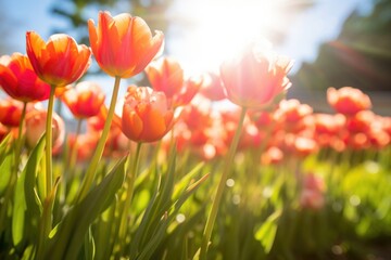 tulips bending towards the sunlight - obrazy, fototapety, plakaty