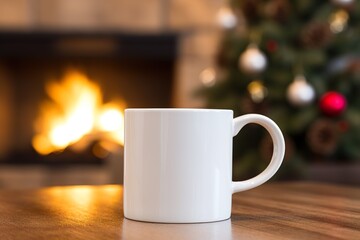 Christmas farmhouse living room in the background, Christmas coffee mug, plain blank, white, no design, on table with fireplace in background