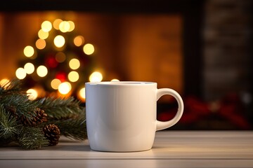 Christmas farmhouse living room in the background, Christmas coffee mug, plain blank, white, no design, on table with fireplace in background