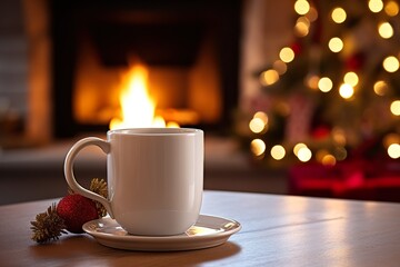 Christmas farmhouse living room in the background, Christmas coffee mug, plain blank, white, no design, on table with fireplace in background