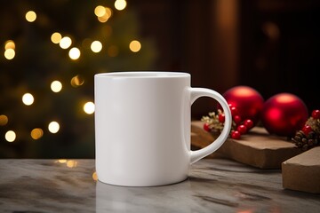 Obraz na płótnie Canvas Christmas farmhouse living room in the background, Christmas coffee mug, plain blank, white, no design, on table with fireplace in background