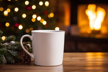 Christmas farmhouse living room in the background, Christmas coffee mug, plain blank, white, no design, on table with fireplace in background