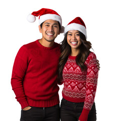 asian couple in a Santa cap hat and a Christmas sweater isolated on a white transparent background