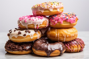 a pile of various donuts with different toppings