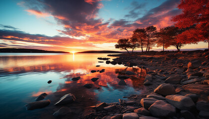 Tranquil sunset reflects on water, nature beauty in twilight generated by AI