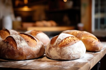 freshly baked bread on the counter of a bakery
