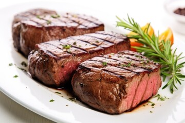 grilled beef steaks on a white platter