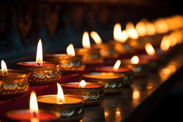 a close-up of candles lit inside a hindu temple - obrazy, fototapety, plakaty