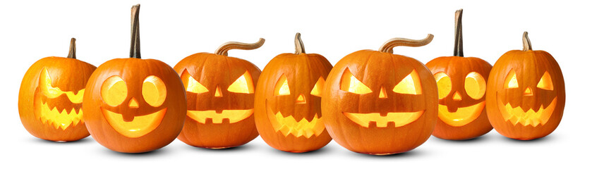 Many pumpkins with carved spooky faces isolated on white, collection. Jack-o-lantern for Halloween