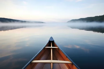 Foto op Canvas a canoe with two paddles floating on a calm lake © Natalia