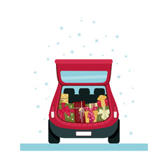 Red car with gifts in the trunk and snowfall. Vector illustration.