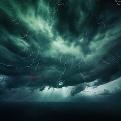 Black dark greenish blue dramatic night sky. Gloomy ominous storm rain clouds background. Cloudy thunderstorm hurricane wind lightning. - Generative AI