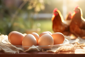 Plate with eggs with free range chickens in blurry background