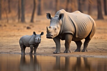 Fototapeta premium rhinoceros with its calf standing near the waterhole