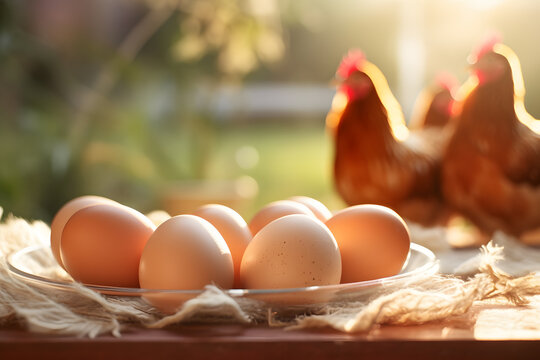 Plate with eggs with free range chickens in blurry background