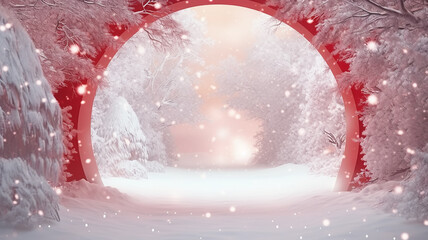 red christmas arch for New Year's gifts with an empty mine space in the winter frosty forest.