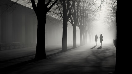 black and white silhouettes and shadows of people in the morning urban fog.