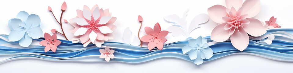 flowers paper sculpture ornament white background long narrow row.