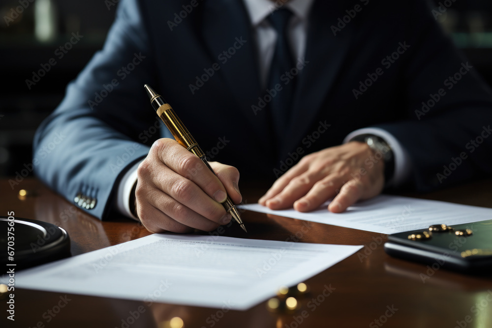Poster man in suit is seen writing on piece of paper. this image can be used for various professional and b
