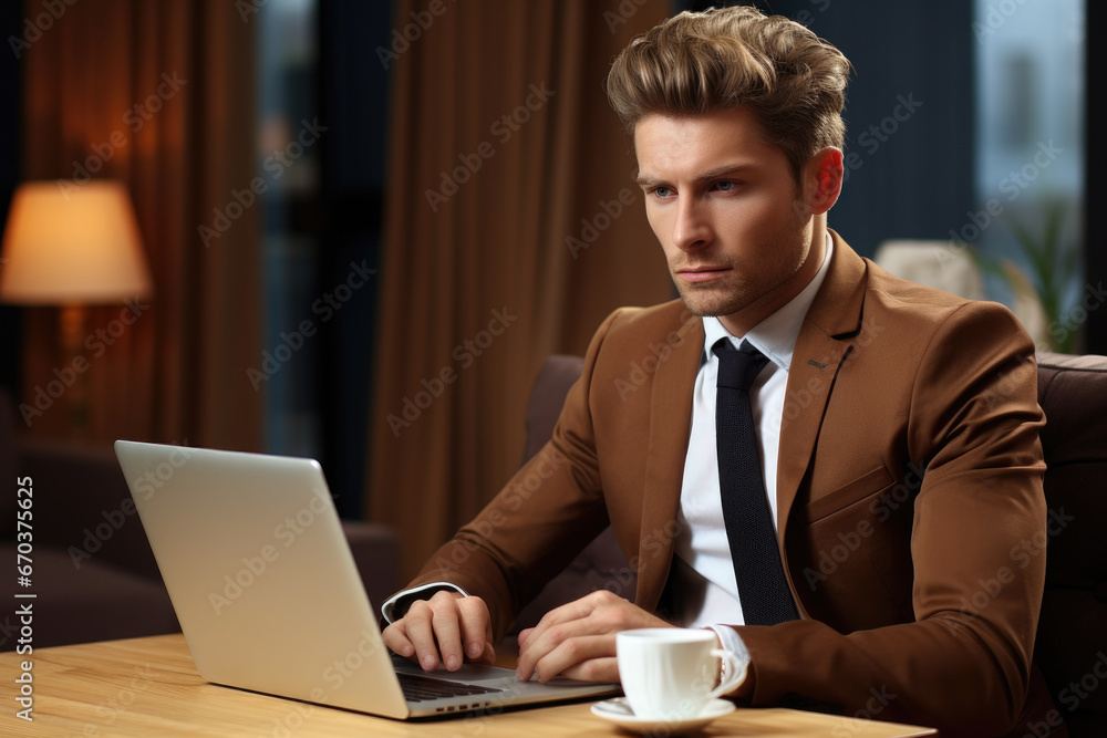 Aufkleber man sitting at table using laptop computer. can be used to illustrate technology, remote work, or bu