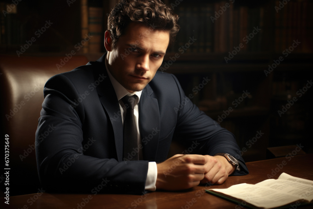 Poster man dressed in suit sitting at table, engrossed in reading book. this image can be used to depict pr