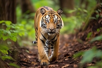 a tiger walking alone in the jungle - obrazy, fototapety, plakaty