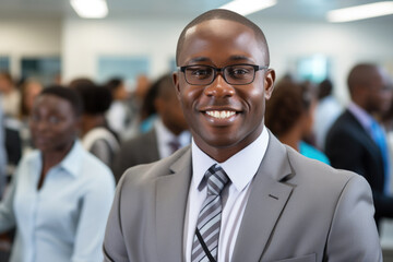 Fototapeta premium Professional man dressed in suit and tie is standing in front of group of people. This image can be used to represent leadership, business meetings, or corporate presentations.