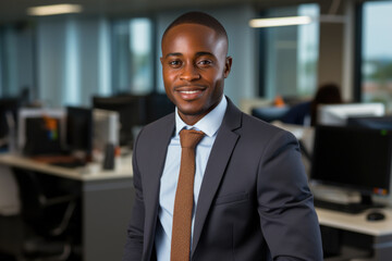 Fototapeta premium Professional man wearing suit and tie standing confidently in office. This picture can be used to depict professionalism, business, and corporate environments.