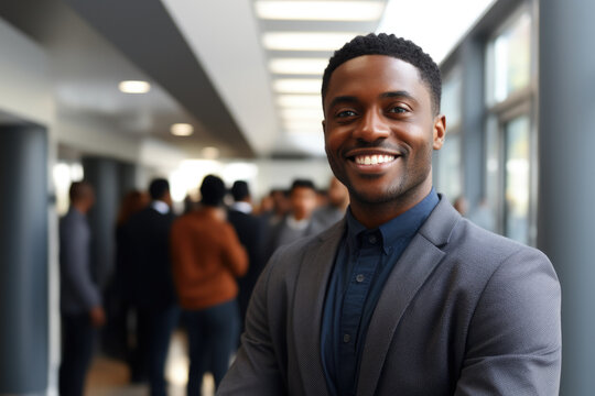 Man Dressed In Suit Is Captured With Smile Amidst Crowd Of People Genuine. Perfect For Corporate Events And Social Gatherings.