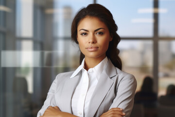 Fototapeta na wymiar Confident woman dressed in business suit standing with her arms crossed. Perfect for corporate and professional concepts.